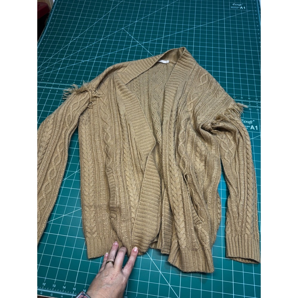 Ellison Womens Camel Tan Cable Knit Fringe Shoulder Open Fron Cardigan Sweater L